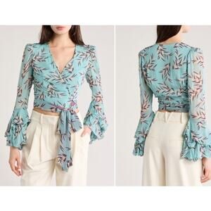 Diane Von Furstenberg Miranda Wrap Cropped Blouse Ruffle Sleeve Size 2 NEW $338